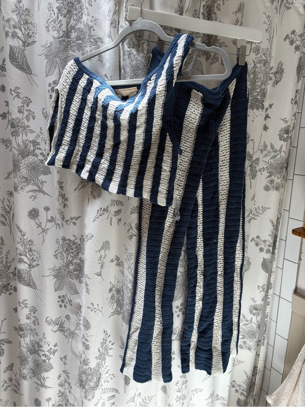 Free people Striped Knit Crop Top & Wide Leg Pants Set - Navy & White